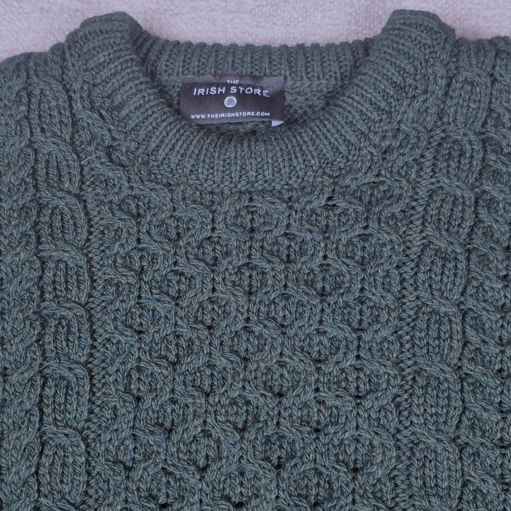 The Irish Store Mens XXL Aran Fisherman Sweater Green 100% Merino Wool Ireland